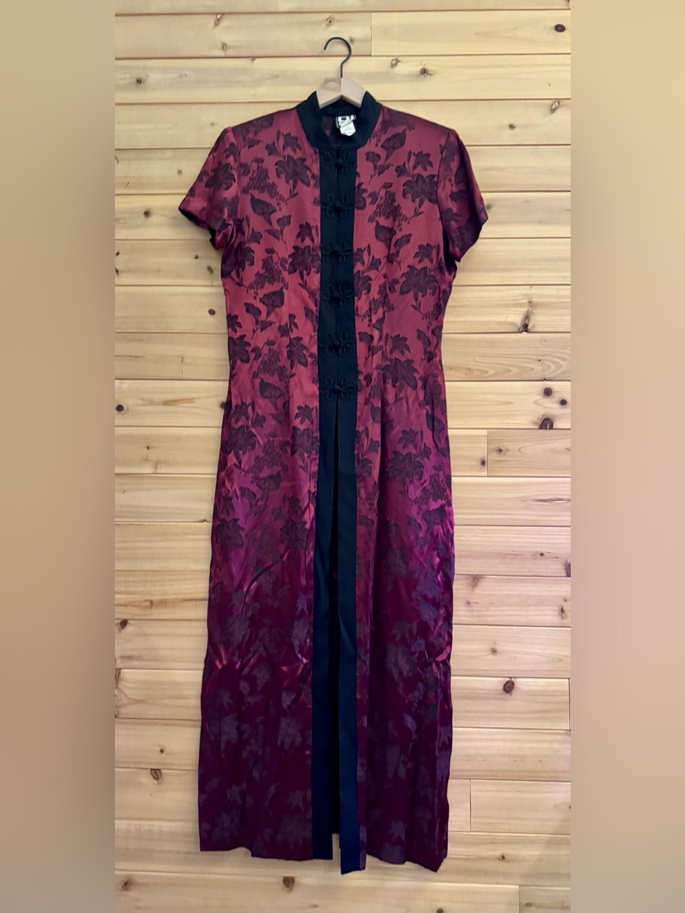 Burgundy Floral Maxi Dress with Black Trim
